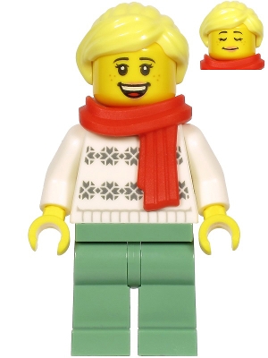LEGO Woman, White Turtleneck Sweater, Sand Green Legs, Bright Light Yellow Hair, Red Scarf minifigure
