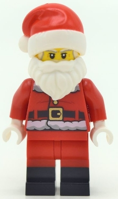 LEGO Santa, Red Legs, Black Boots Fur Lined Jacket with Button and Candy Cane on Back, Gray Bushy Eyebrows minifigure