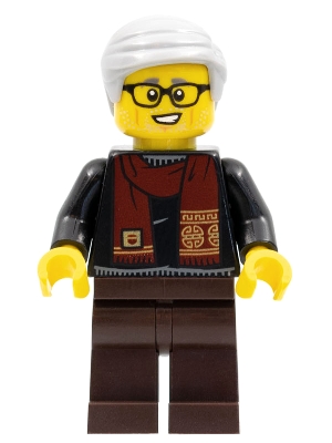LEGO Grandfather, Black Shirt with Dark Red Scarf, Dark Brown Legs, Light Bluish Gray Hair minifigure
