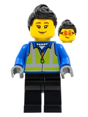 LEGO Woman, Black Hair, Blue Coat, Lime Safety Vest, Black Legs minifigure