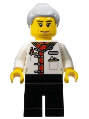 LEGO Restaurant Worker - Female, White Uniform Jacket, Black Legs, Light Bluish Gray Hair with Top Knot Bun minifigure