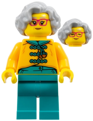 LEGO Flower Seller - Female, Bright Light Orange Tang Jacket, Dark Turquoise Legs, Light Bluish Gray Hair, Red Glasses minifigure