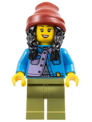 LEGO Woman - Dark Azure Jacket over Silver Shirt, Olive Green Legs, Black Hair, Dark Red Beanie minifigure