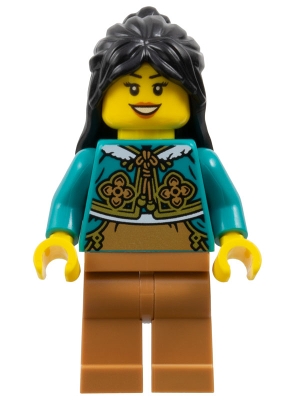 LEGO Woman, Black Long Hair, Dark Turquoise Cheongsam Bolero Shrug, Medium Nougat Legs minifigure