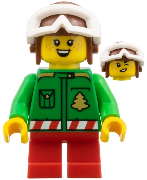 LEGO Elf - Green Jacket with Christmas Trees, Reddish Brown Helmet, White Goggles minifigure