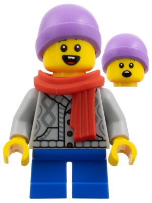 LEGO Boy - Medium Lavender Beanie, Red Scarf, Light Bluish Gray Cardigan, Blue Short Legs minifigure