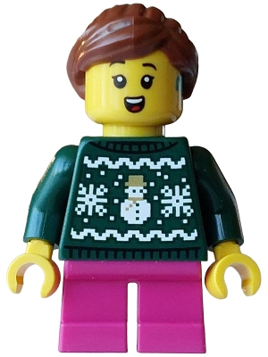 LEGO Carol Choir Singer / Caroler - Girl, Dark Green Knit Fair Isle Holiday Sweater minifigure