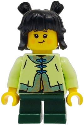 LEGO Child - Girl, Yellowish Green Tang Jacket, Dark Green Short Legs, Black Hair with Buns minifigure