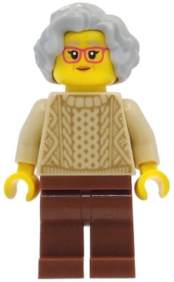 LEGO Grandmother - Tan Knit Cable Sweater, Reddish Brown Legs, Light Bluish Gray Short Wavy Hair minifigure