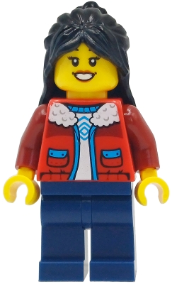 LEGO Child - Girl, Red Jacket over White Shirt, Dark Blue Legs, Black Hair minifigure