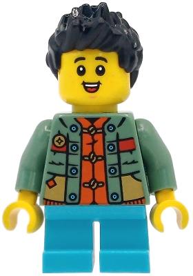 LEGO Child - Boy, Sand Green Sweater over Reddish Orange Tang Jacket, Medium Azure Short Legs, Black Spiked Hair minifigure