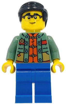 LEGO Man - Sand Green Sweater over Reddish Orange Tang Jacket, Blue Legs, Black Smooth Hair minifigure