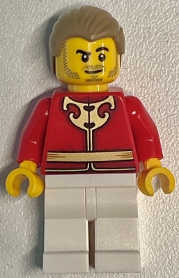 LEGO Man - Red Tang Jacket with Gold Chinese Scrollwork, White Legs, Dark Tan Hair minifigure hol417