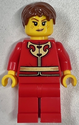 LEGO Woman - Red Tang Jacket with Gold Chinese Scrollwork, Red Legs, Brown Short Hair minifigure hol418