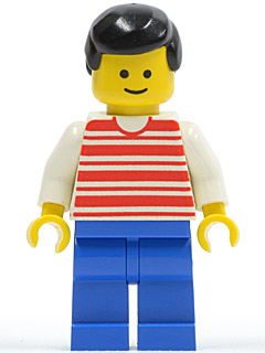 LEGO Horizontal Lines Red - White Arms - Blue Legs, Black Male Hair minifigure