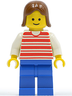 LEGO Horizontal Lines Red - White Arms - Blue Legs, Brown Female Hair minifigure