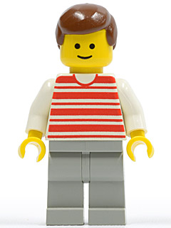 LEGO Horizontal Lines Red - White Arms - Light Gray Legs, Brown Male Hair minifigure