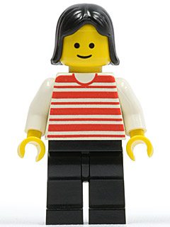 LEGO Horizontal Lines Red - White Arms - Black Legs, Black Female Hair minifigure
