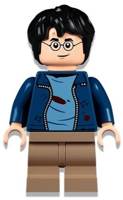 LEGO Harry Potter, Dark Blue Open Jacket with Tears and Blood Stains, Dark Tan Medium Legs, Smile / Angry Mouth minifigure