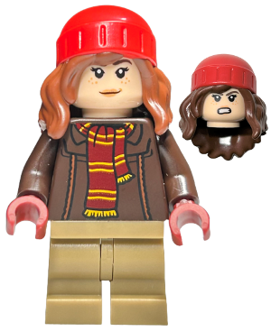 LEGO Hermione Granger - Reddish Brown Jacket with Dark Red Scarf, Dark Tan Medium Legs, Reddish Brown Hair with Red Beanie minifigure hp460
