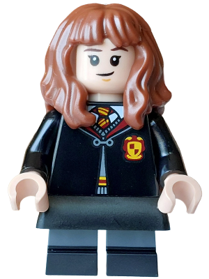 LEGO Hermione Granger - Gryffindor Robe Clasped, Black Skirt, Black Short Legs with Dark Bluish Gray Stripes, Grin / Cat Face minifigure hp617
