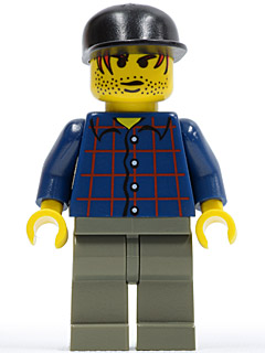 LEGO Plaid Button Shirt, Dark Gray Legs, Black Cap, Red Hair, Black Stubble (Werewolf Boy) minifigure