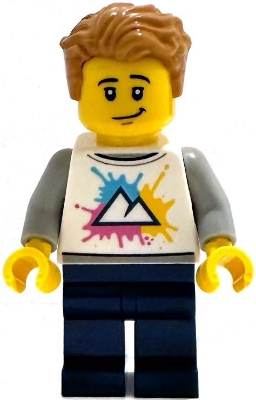 LEGO Tourist - White Shirt with Mountains Logo, Dark Blue Legs, Medium Nougat Tousled Hair minifigure