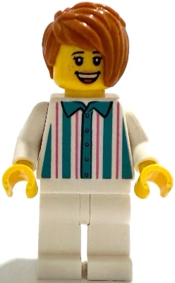 LEGO Gelato Shop Owner - Female, White Shirt with Stripes and Legs, Dark Orange Hair minifigure