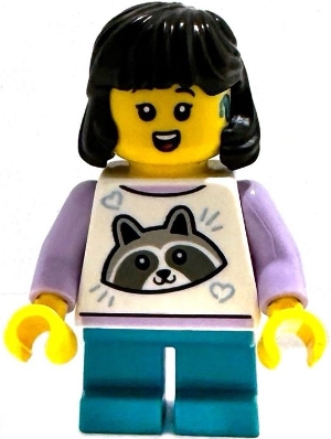 LEGO Child - Girl, White Top with Raccoon, Dark Turquoise Short Legs, Black Midlength Hair, Hearing Aid minifigure