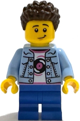 LEGO Child - Boy, Grandson, Bright Light Blue Denim Jacket over Shirt with Record, Blue Medium Legs, Dark Brown Coiled Short Hair minifigure