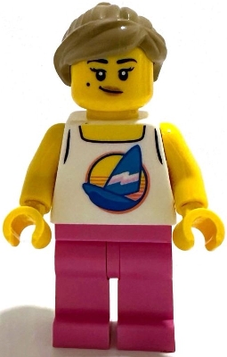 LEGO Diving Shop Owner - Female, White Tank Top with Dark Azure Sailboat, Dark Pink Legs, Dark Tan Hair with Pony Tail minifigure