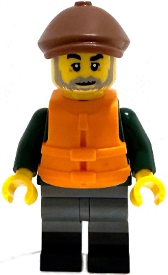 LEGO Fisher - Dark Green Open Jacket, Dark Bluish Gray Legs with Black Boots, Reddish Brown Flat Cap, Orange Life Jacket minifigure
