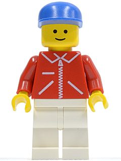LEGO Jacket Red with Zipper - Red Arms - White Legs, Blue Cap minifigure