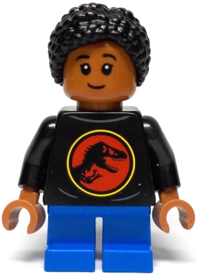 LEGO Junior Paleontologist - Girl, Black Shirt with Jurassic Park Logo, Blue Short Legs, Black Hair Braided with Knot Bun minifigure