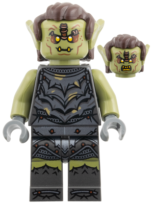 LEGO Orc - Olive Green Head, Pearl Dark Gray Armor with Dirt Splotches, Dark Brown Hair, Yellow Eyes minifigure lor166