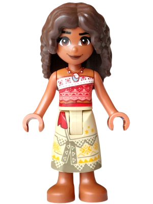 LEGO Moana (Sienna) - Mini Doll, Coral and White Strapless Top, Tan Long Skirt with Dark Tan Hems, Dark Brown Hair Long Full Curly minifigure moa011