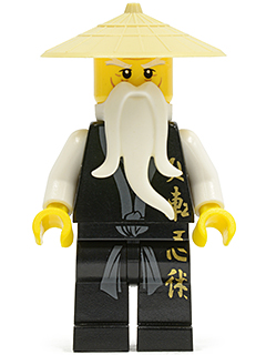 LEGO Wu Sensei - Black Kimono with Gold Symbols, Dark Bluish Gray Sash, Tan Asian Hat, White Beard minifigure njo0026