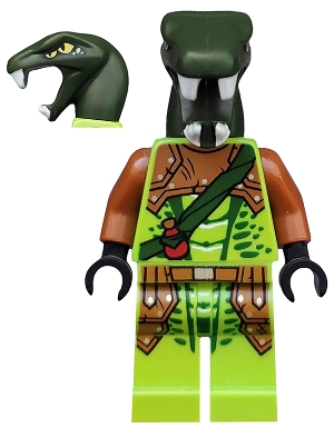LEGO Zoltar - Serpentine Snake Warrior, Lime with Scales, Dark Orange Armor Coverings, Dark Green Strap with Red Vial minifigure njo0217