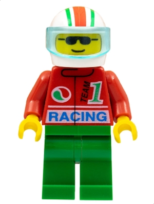 LEGO Octan - Racing, Green Legs, White Red/Green Striped Helmet, Trans-Light Blue Visor minifigure