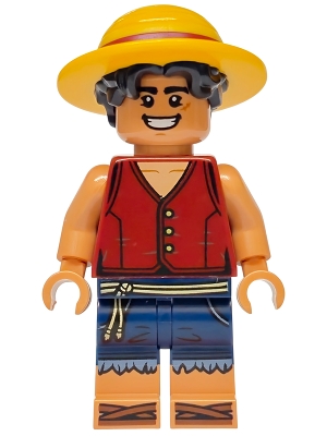 LEGO Monkey D. Luffy - Hair Combo, Straw Hat with Black Hair, Open Mouth Smile / Angry minifigure