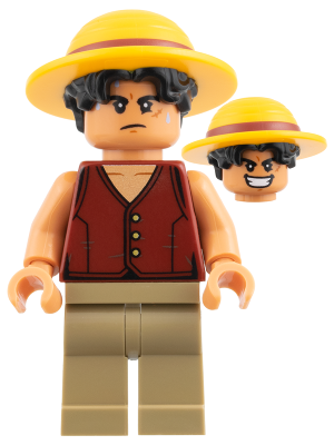 LEGO Monkey D. Luffy - Hair Combo, Straw Hat with Black Hair, Dark Tan Legs minifigure op027