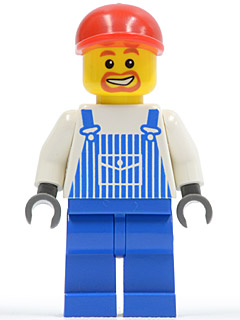 LEGO Overalls Striped Blue with Pocket, Blue Legs, Red Short Bill Cap, Beard Around Mouth minifigure