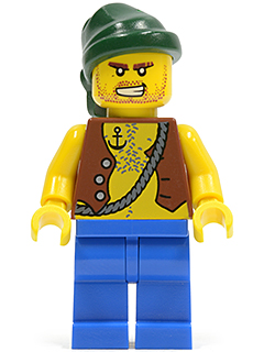LEGO Pirate Vest and Anchor Tattoo, Blue Legs, Dark Green Bandana minifigure