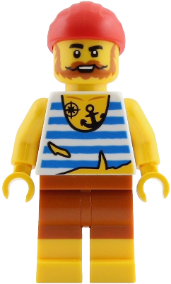LEGO Pirate - Male, White Shirt with Tattered Hem and Blue Stripes, Dark Orange Shorts, Full Beard, Red Bandana minifigure pi201