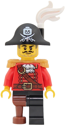 LEGO Pirate Captain - Male, Pearl Gold Epaulettes, Red Coat with White Ruffled Collar, Black Leg and Reddish Brown Peg Leg, White Plume, Black Bicorne with Skull and Cutlasses minifigure pi203
