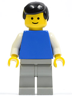 LEGO Plain Blue Torso with White Arms, Light Gray Legs, Black Male Hair minifigure