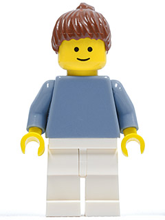LEGO Plain Sand Blue Torso with Sand Blue Arms, White Legs, Reddish Brown Hair with Ponytail minifigure