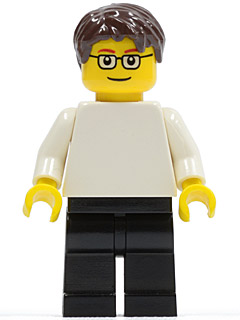 LEGO Plain White Torso with White Arms, Black Legs, Dark Brown Short Tousled Hair, Glasses minifigure
