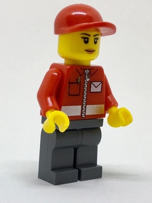 LEGO Post Office White Envelope and Stripe, Dark Bluish Gray Legs, Red Short Bill Cap minifigure