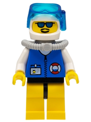 LEGO Coast Guard City Center - White Collar & Arms, Yellow Legs with Black Hips, White Helmet, Light Gray Scuba Tank, Sunglasses minifigure